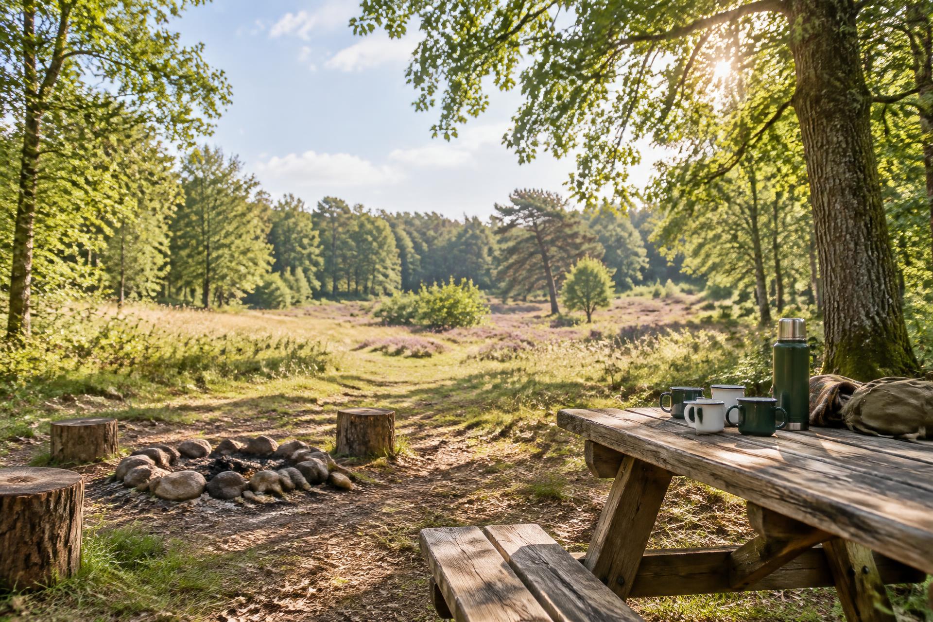 Zonnige open plek in het bos met een picknicktafel, veldfles en koffiemokken